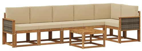 vidaXL Outdoor-Sofagarnitur mit Kissen 7 pcs Natur und Beige Polyester, Modernes Garten-Sofa Set, wetterfestes Möbel, Sektional für die Terrasse, Akazienholz, Entspannung im Freien