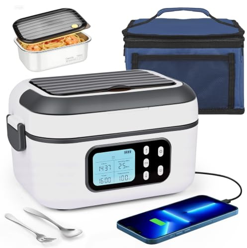 Dreamhigh 1,5 L Elektrische Lunchbox Mit Akku mit 24000 mAh, Lunchbox Elektrisch mit Auslaufsicheres Design & zeitgesteuerter Aufheizfunktion für Auto, Arbeit & Camping (weiß)