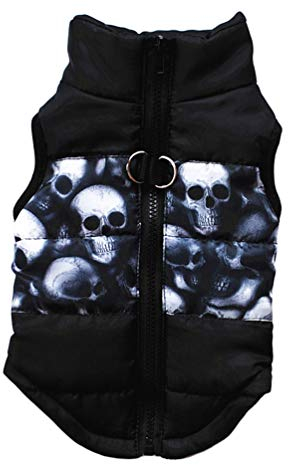 JEELINBORE Kleine wasserdichte Hundemantel Jacke Warm Gefütterter Brustschutz Puffer Hund Welpen Kleidung Weste für Herbst Winter (#1 Schwarz Schädel, S)