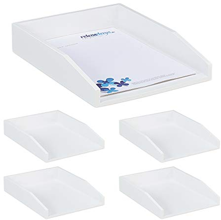 5 x Dokumentenablage, stapelbar, DIN A4 Papier, Büro, Schreibtisch, Briefablage aus Bambusholz, 6x25x33 cm, weiß