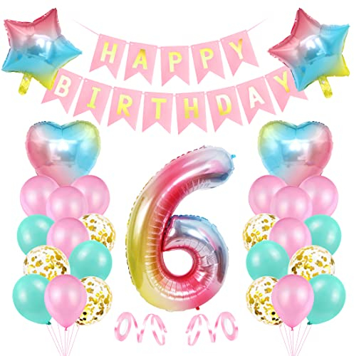 Luftballon 6. Geburtstag Rosa - Deko für Mädchen, Riesen Folienballon, Bunt Folienzahlen Ballons, Banner