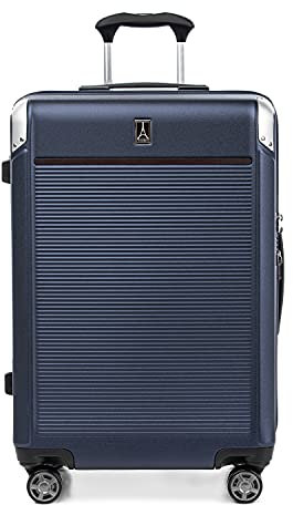 Travelpro Platinum Elite Hardside erweiterbares aufgegebenes Gepäck, 8-Rad-Spinner, TSA-Schloss, Hartschalen-Koffer aus Polycarbonat, echtes Marineblau, kariert, mittelgroß, 70x45x28 cm