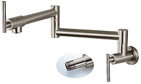 Cinwiny Gebürsteter Nickel Topffüller Wandhalterung Küche Restaurant Spüle Wasserhahn Edelstahl Dehnbarer kommerzieller Wasserhahn mit klappbarem Doppelgelenk Schwingarm Einloch Zwei Griffe