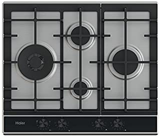 Haier Series 4 HAHG6D5XH- Placa de Gas, 4 Fuegos, Ancho 60cm, Potencia total 10,45kW, Mandos centrales, 9 niveles de potencia, Rejillas de hierro fundido, Preci Flame, Frontal en cristal negro, Inox