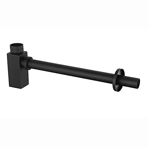 ENKI, W58, Matte Black, Square Wash Basin Bottle Trap Waste, Modern Design, Solid Brass, Easy Clean & Easy to Install, Standard UK Fitting