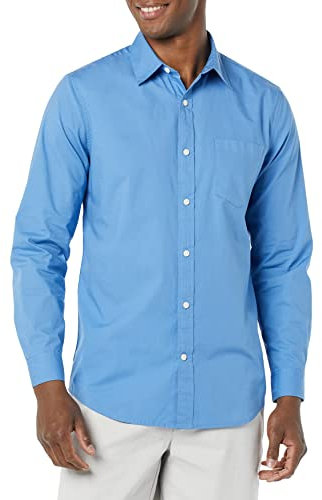 Amazon Essentials Men's Long-Sleeved Slim-Fit Stretch Poplin Shirt, Light Blue, S