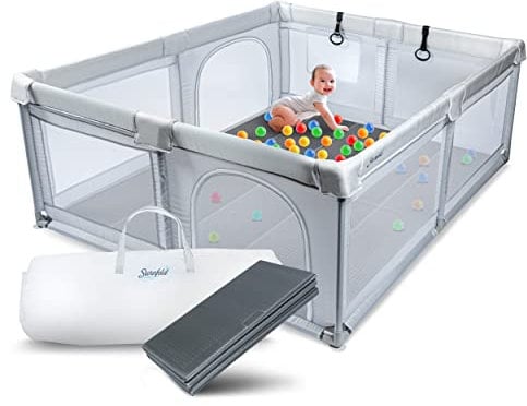 Sternfeld Laufstall Baby - Sicheres Laufgitter Baby mit weicher Spielmatte [150x180 cm] - Gepolsterter Baby Laufstall mit Stehgriffen [zum Laufen lernen] - Krabbelgittter mit Netz & 2 Türen