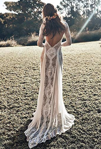 Simplicidad con Estilo Vestido de Novia Encaje Vintage sin Espalda Boho Beach Manga Larga Forro Desnudo Bohemios de País Hippie