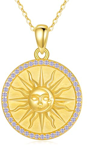 YAFEINI Sonne Münze Kette für Damen 925 Sterling Silber Geburtsstein Juni Gold Anhänger Halskette Sonne Schmuck Geschenk