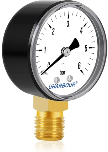 UHARBOUR Manometer Wasser 0-6 Bar, Manometer 1/4 Zoll, Manometer Druckluft Untere Halterung, Druckluft Manometer 1/4 BSP-Messinganschluss