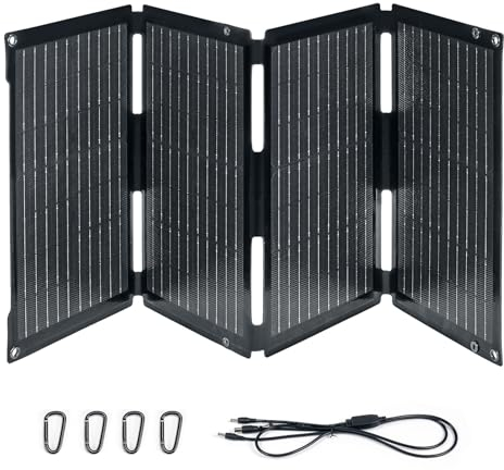 BougeRV Panel solar plegable 50W, fibra de vidrio 270°, 0,8 kg, módulo solar con salidas DC/USB-C/USB-A, panel solar portátil con mosquetón, compatible con celular, tableta, pequeña central eléctrica