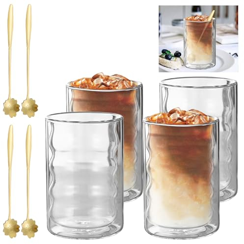HOMURY Latte Macchiato: set di 4 bicchieri da caffè a doppia parete, 375 ml con 4 cucchiai, bicchieri termici a doppia parete in vetro borosilicato per whisky, birra, cocktail, caffè freddo e tè