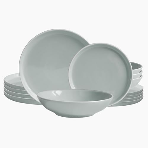 ECHTWERK 18-teiliges Vintage Tafelservice Nerea Nature-Design, für 6 Personen, Pastellfarbenes Geschirrset aus Steingut mit 6 x Speiseteller, 6 x Beilagenteller, 6 x Suppenteller, Grau