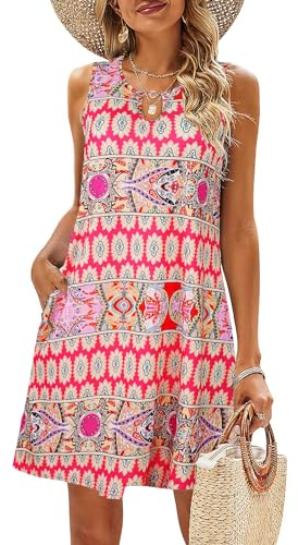 VEUNCOS Sommerkleid für Damen Casual Boho Blumen Hawaii Urlaub Kleid,Rosa XL