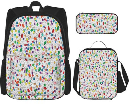 YSOLDA Rucksack-Set, Schultasche, Büchertasche, Rucksack, 3-teiliges Set mit Lunchtasche, Federmäppchen,Medikamente, Krankenschwester, Apotheke, Arzt, Pille, Design