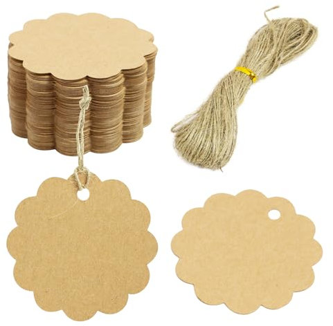 Mewflew Lot de 100 étiquettes cadeaux en papier kraft à écrire + 20 m de ficelle de jute - Cartes en papier kraft - Étiquettes rondes en forme d'étoile de jute pour Noël, cadeaux et bricolage