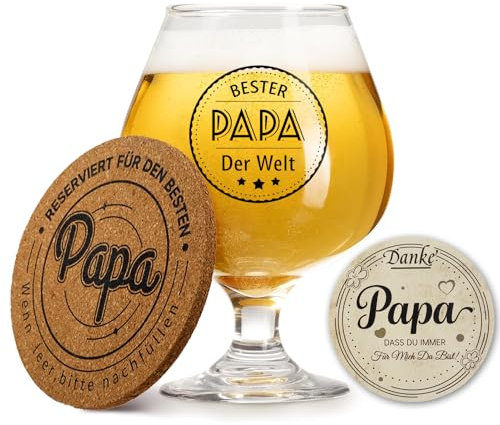 Znnhnn Bierglas Papa Geschenke, Weizenglas, Bester Papa der Welt, Bierglas mit Untersetzer, Biergeschenke für Männer, Vatertagsgeschenk für Männer, Geschenk Geburtstag
