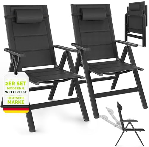 tillvex® Gartenstuhl Hochlehner 2er Set mit Armlehnen & Kopfkissen | Klappstuhl 7-fach Verstellbar inkl. Polsterung | Campingstuhl Klappbar, Wetterfest & Atmungsaktiv | Gartenstühle Aluminium