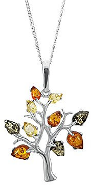 Kiara Jewellery Collier avec pendentif arbre de vie lisse en argent sterling 925 avec ambre mixte sur chaîne en argent sterling de 45,7 cm., Argent sterling, Ambre
