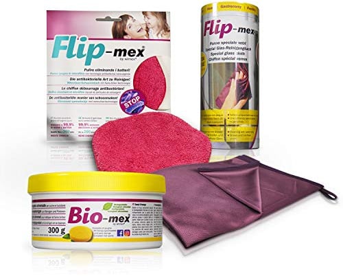 Bio-mex 300gr Pasta limpiadora Multiusos, Esponjsa incluida - Flip-Mex Paño de Microfibra 16x16cm - Paño Bayeta Especial Limpia Cristales 50x70cm