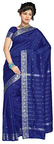 Sanskruti India Womens Indian Ethnic Traditional Banarasi Art Silk Saree Sari Wrap Fabric Dress Drape (Dark Blue)