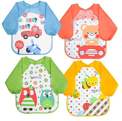 Vicloon Baby Lätzchen mit Lange Ärmeln, 4 Stück Wasserdicht Lätzchen, Ärmellätzchen Abwaschbar, Unisex lätzchen für Malen Play Essen Kunst Handwerk Malerei, 4 Muster, Passend für 6-36 Monate Kinder