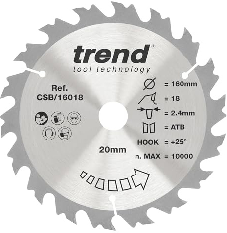 Trend Kreissägeblatt Holz, 160 mm, 20 mm Bohrung, 18 Zähne, Grobschnitt | Schneidet Holz grob mit Hartmetallzähnen, +25° Hakenwinkel und 2,4 mm Schnittbreite, CSB/16018