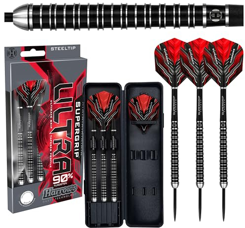 Harrows SUPERGRIP Ultra Darts-Set mit 90% Wolframstahlspitze. Erhältlich in 21 g, 22 g, 23 g, 24 g, 25 g, 26 g, 28 g und 30 g – inklusive Supergrip-Carbonschäfte, Supergrip-Flights (26g)
