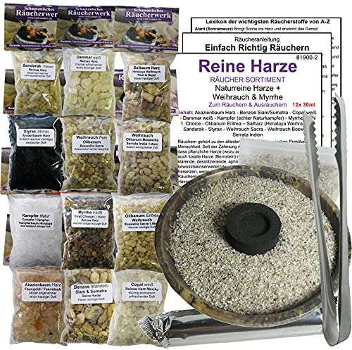 12x Räucherwerk WEIHRAUCH + BOSWELLIA + MYRRHE + ZIRBE Zirben-Harz + Olibanum + KOPALHARZ + Styrax + BENZOE UVM. 17-TLG RÄUCHERSORTIMENT zum räuchern auf Räucherkohle & Sieb. 5X ZUBEHÖR. 81900-2ZB12