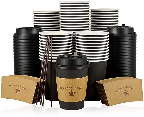 LITOPAK 100 Pack 12 oz Coffee Cups with Lids, Disposable Coffee Cups