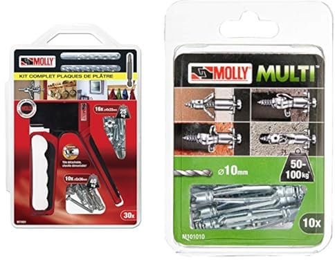 Molly M71931-XJ M71931 Kit d'Outils Gris & M101010-XJ Molly Multi Chevilles métal avec vis agglo, Gris, Set de 10 Pièces