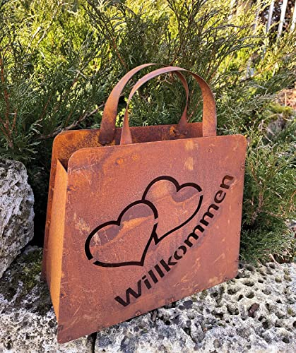 Edelrost Große Handtasche 32x37cm Tasche zum Bepflanzen Willkommen mit 2 Herzen Rost Pflanztasche Blumentopf Windlicht Edelrost Gartendeko