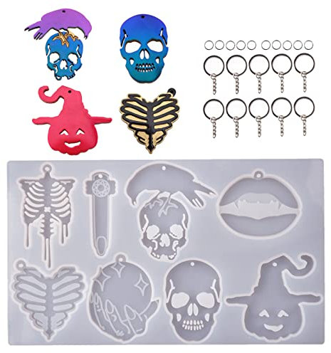 Vastsea Schädel Schlüsselbund Silikonform, Halloween Silikonform, Totenkopf Schokoladenform Silikon, Gelten für Hallween Dekorationen, DIY Handwerk(1 Form + 10 Schlüsselanhänger)