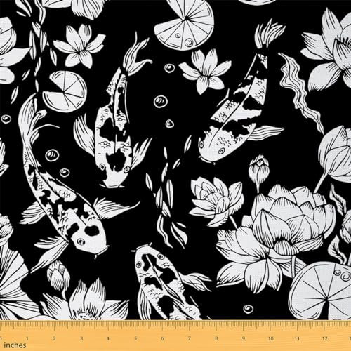 Upholstery Cute Karpfen Koi Fisch Stoff by The Yard, Lotusblüten Dekostoff für Polster und Heim-DIY-Projekte, Ost-Skizzen-Stil, wasserdichter Outdoor-Stoff, 2 Yard, Weiß Schwarz
