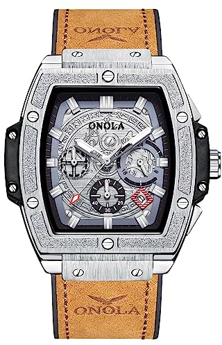 rorios Herren Quarz Uhren wasserdichte Retro Armbanduhren Multifunktional Casual Uhr Skelettierte Chronograph Uhr Datum Kalender Leder Armband Uhr Silber braun