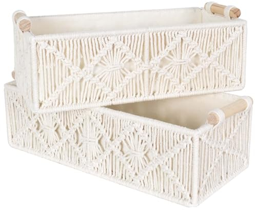 2er Set Geflochtene Aufbewahrungskörbe mit Griffen, Handgefertigter Makramee-Korb aus Baumwollseil, Aufbewahrungskorb Organizer für Schlafzimmer und Wohnzimmer,Geschenkekorb, Brotkorb (Weiß)