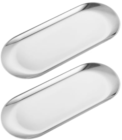 2 stück Oval Tablett, 23x9.3cm Rostfreier Stahl Deko Tablett Schmuckablage Ablageschale Badezimmer Tablett für Schmuckstücke Shampoo Lippenstift Kerzen Gewebe Handtuch(Silber)