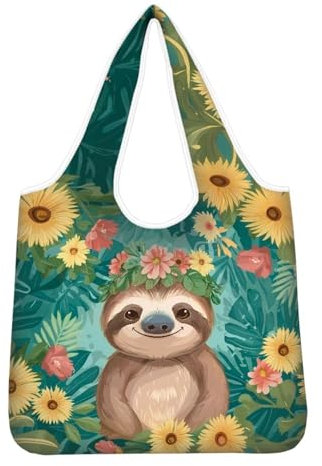 chaqlin Süßes Faultier Grün Einkaufstaschen Große Wiederverwendbare Tragetaschen Damen Lebensmittel Taschen Organizer Faltbare Einkaufstasche Shopping Schulter Handtasche mit Innentasche