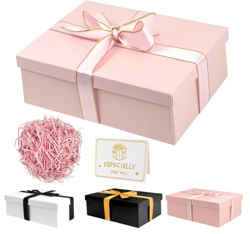 Luxus Geschenkbox mit Deckel 25 x 18 x 8,5 cm, Premium Geschenkbox Mädchen Set mit Schleife, Grußkarte und Füllmaterial, Schachtel Groß für Hochzeit Muttertag Geburtstag Weihnachten (Rosa)
