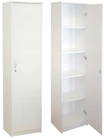Armario de oficina con cerradura, estantería para libros, estantería de oficina con 1 puerta y 5 compartimentos, armario universal para oficina y hogar, 180 x 44,5 x 35 cm (blanco)