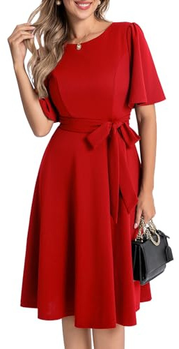 Bbonlinedress Cocktailkleid Damen Kurzarm midilang festlichs Kleid mit Gürtel Abendkleider elegant für Hochzeit Partykleider