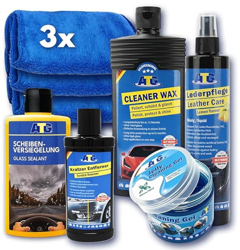 ATG® Premium Autopflegeset - Lederpflege mit Zitrusduft - Scheibenversiegelung - Cleaner Wax Autopolitur mit Carnaubawachs - Reinigungsgel für den Innenraum - Kratzerentferner - 3x Mikrofasertuch