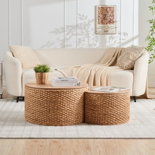 Giofanzo Round Nesting Coffee Table Set of 2 with Storage - Handwoven Wicker Rattan Ottoman Style, Boho Coastal Coffee Tables for Living Room, Rattan Coffee Table with Cover & Soild Wood Frame