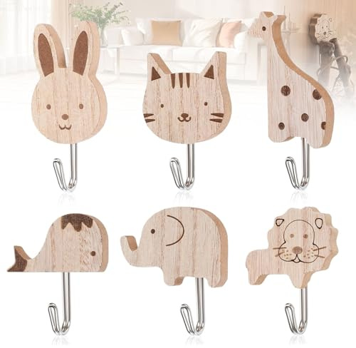 Srup 6 Piezas Sweet Animal Ropa gancho, Ganchos de pared de madera animal, Ganchos de madera para la habitación de los niños, Ganchos de ropa ganchos para niños para niños, Ganchos de ropa Niños