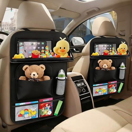 2 Pack Car Seat Organizer, Back Seat Protectors with Foldable Dining Table & Center Storage Mesh - Multi-Pocket Backseat Organizer for Toys, Snacks, Travel Essentials, Universal Fit for Most Car Seats