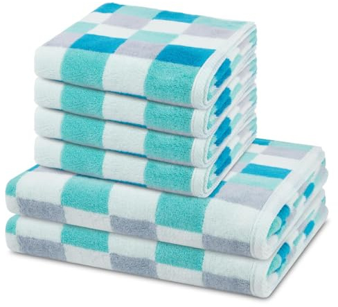 Ross 6er Set Cashmere Feeling Karo Handtücher & Duschtücher – Weicher, saugstarker Walkfrottee 500 g/m² – Garngefärbt, pflegeleicht Set aus 100% Baumwolle - Blau/weiß