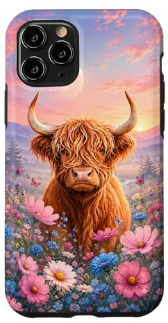 Cute Highland Cow Pink Blue Wildflower Butterfly Moon Case for iPhone 11 Pro