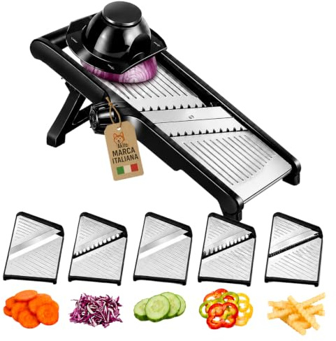 AkitaInk Mandolina Professionale in Acciaio Inox, Affettatrice Manuale con Taglio Regolabile 1-9 mm, Julienne per Verdure, Patate, Carote e Cipolle