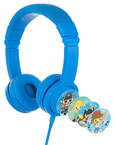 ONANOFF BuddyPhones Explore Plus, Foldable Kids Wired Headphones, SafeAudio Volume-Limiting to 85dB, Built-in Audio Sharing Cable with in-Line Mic, for Kindle, iPad, iPhone, or Android (Cool Blue)