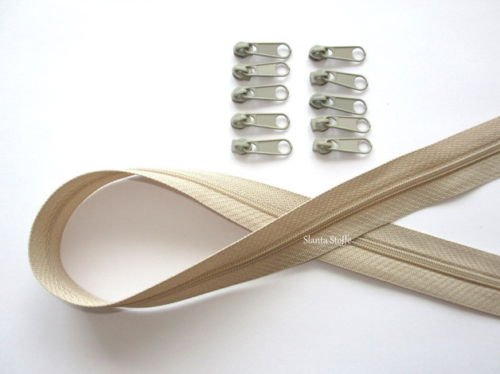 2m Reißverschluss endlos, Spirale 3mm + 10 Schieber-Zipper 33 Farben, Meterware (beige)